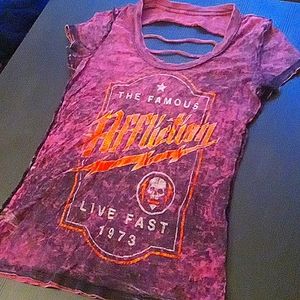 Affliction, Stunning Burgundy T-Shirt With Cut-Out Back, Size Small